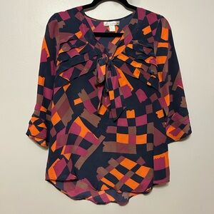 Trinity Silk Navy and Orange Abstract Blouse
